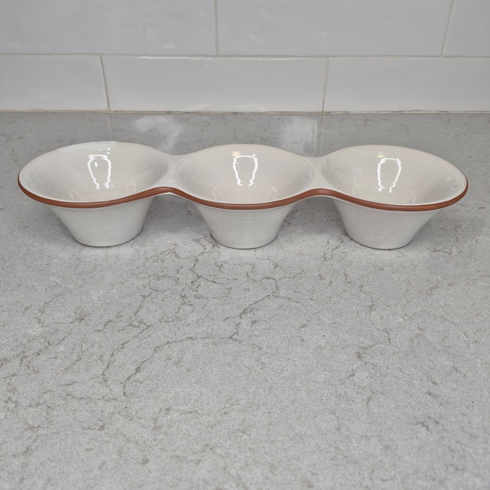 Pottery Barn Triple Condiment Server Sienna White Terracotta Trim